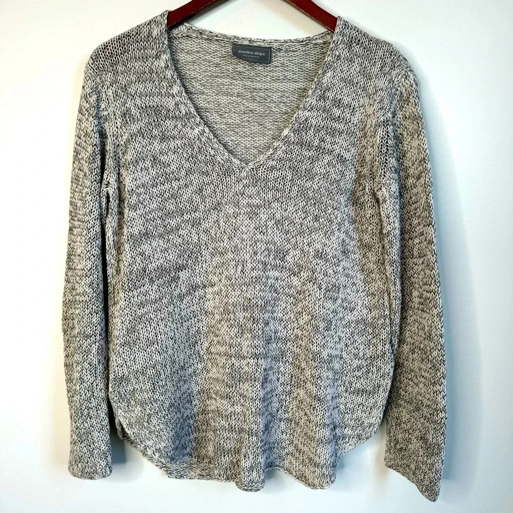 Wooden Ships Cotton Blend Gray White Open Knit Lightweight V-neck Sweater